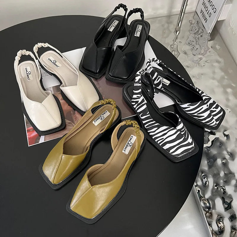 Dam Fyrkantiga Tå Elastisk Slingback Platta Sandaler