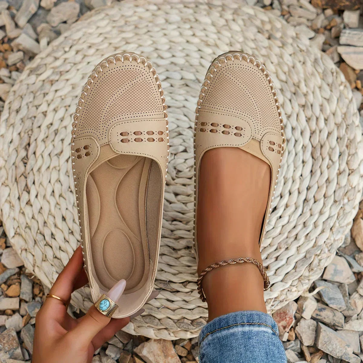 Dam Ortopediska Vävda Slip-On Platta Loafers