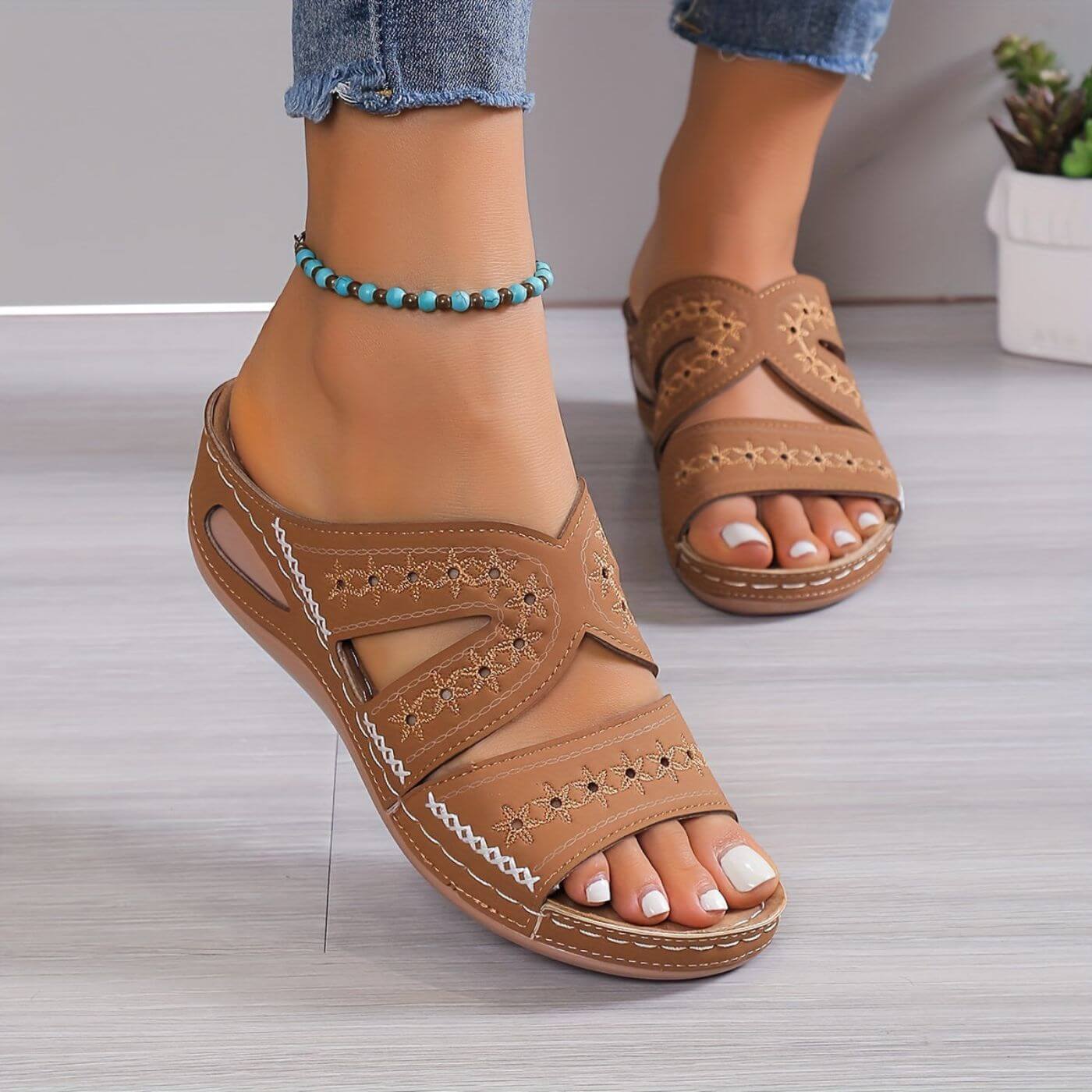 Dam Ortopediska Korsrem Kilklack Slide Sandaler