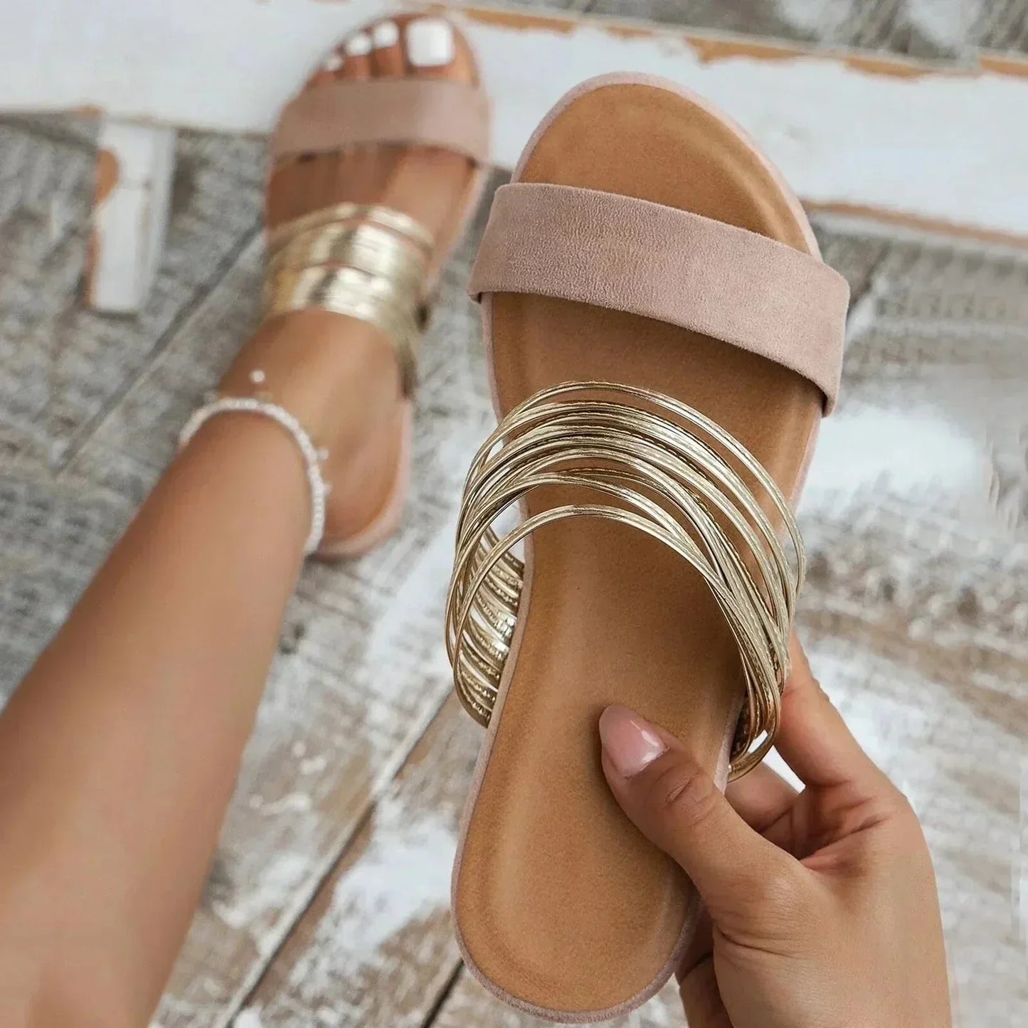Dam Ortopediska Slip-On Platta Sandaler med Kedjedelaj