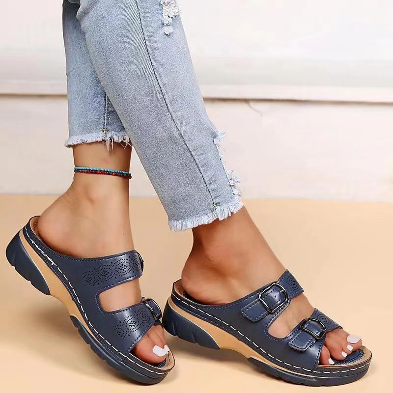 Dam Ortopediska Dubbelt Spänne Kilklack Slide Sandaler