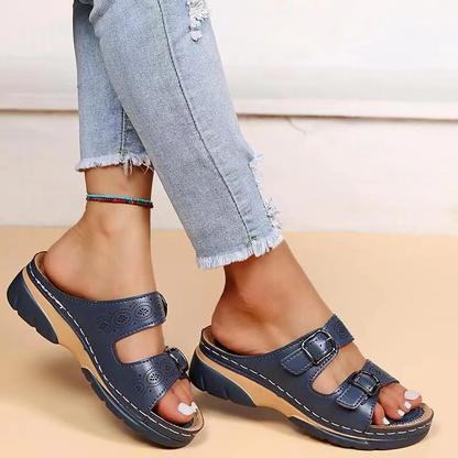 Dam Ortopediska Dubbelt Spänne Kilklack Slide Sandaler