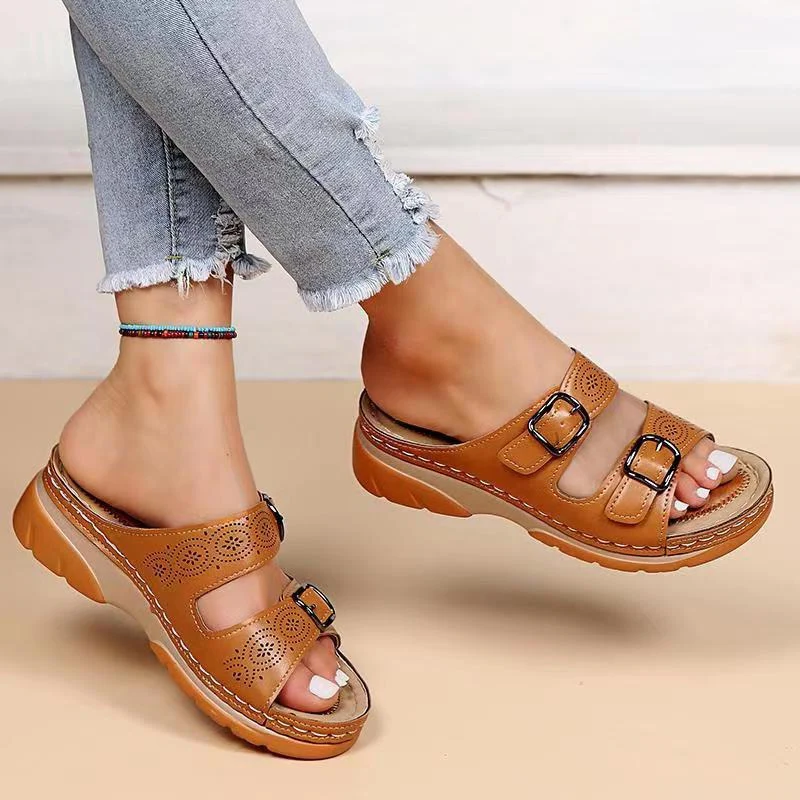 Dam Ortopediska Dubbelt Spänne Kilklack Slide Sandaler